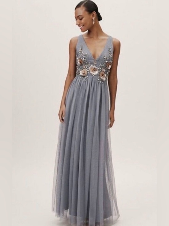 BHLDN Dresses & Skirts - BHLDN Slate Blue Tulle Gown with Metallic Floral Embroidery NWT